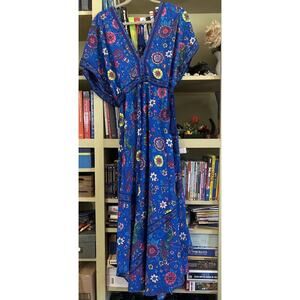NWT R.Vivimos Blue Floral Caftan Dress Print V-Neck Short Sleeve Sz M 8 10 Maxi